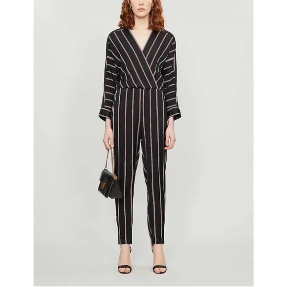 Maje Striped Black Red Pandomi V-Neck Wrap Woven Jumpsuit Surplice Pocket Medium - Picture 1 of 9